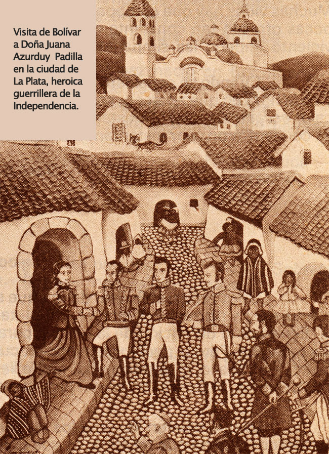 Dibujo: Bolívar y su estado mayor, visita a Juana Azurduy de Padilla, Ciudad de la Plata, Sucre  - Cronología y lecturas sobre el Libertador - Sociales - ibolivia.net
