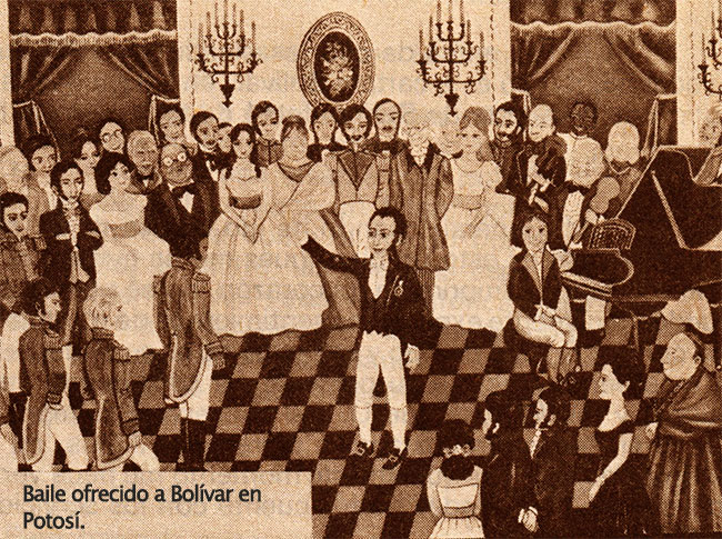 Dibujo: Baile ofrecido a Bolívar en Potosí - Cronología y lecturas sobre el Libertador - Sociales - ibolivia.net